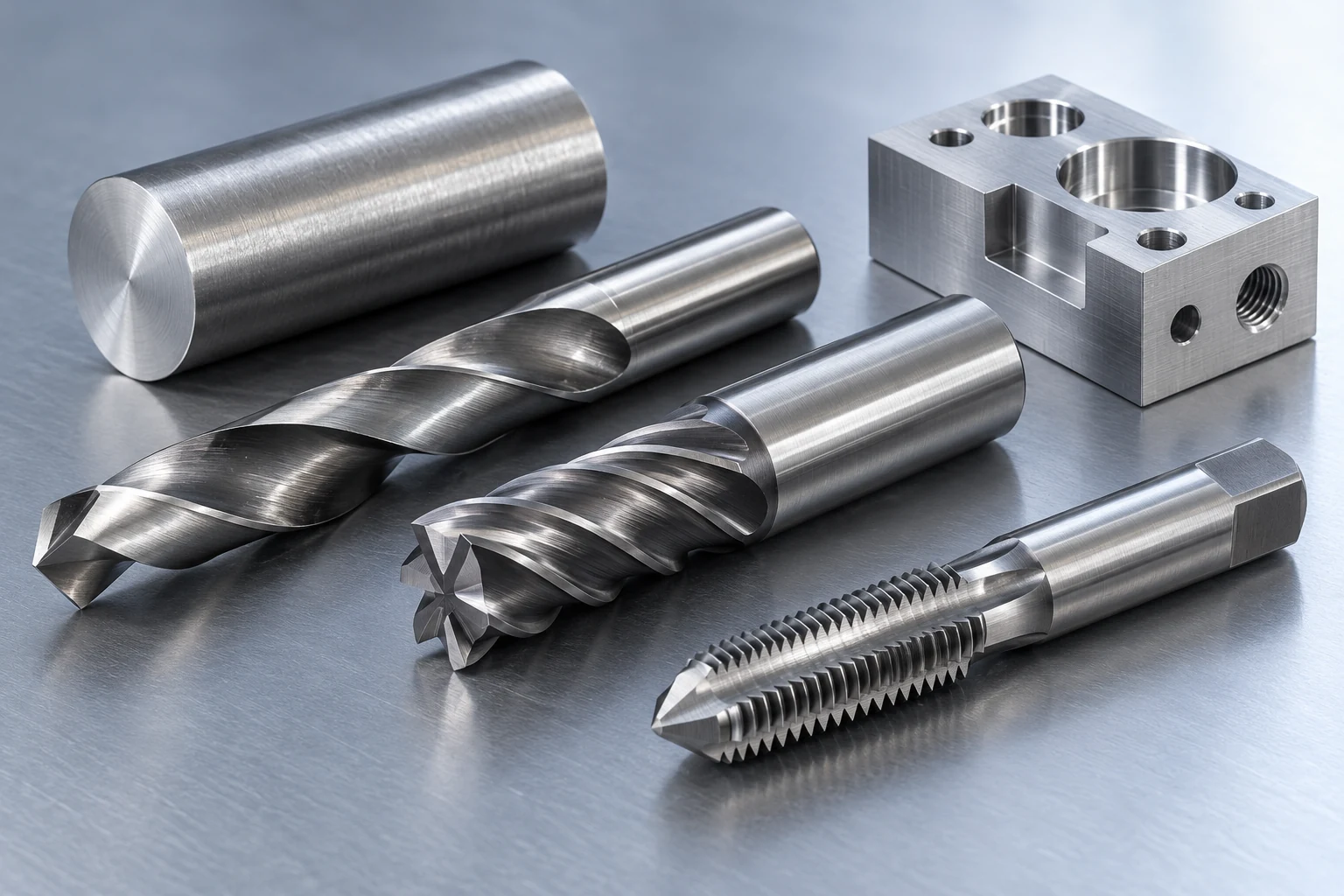 High-speed-steel drill, end mill, tap and round bar concept (AI-generated illustration)