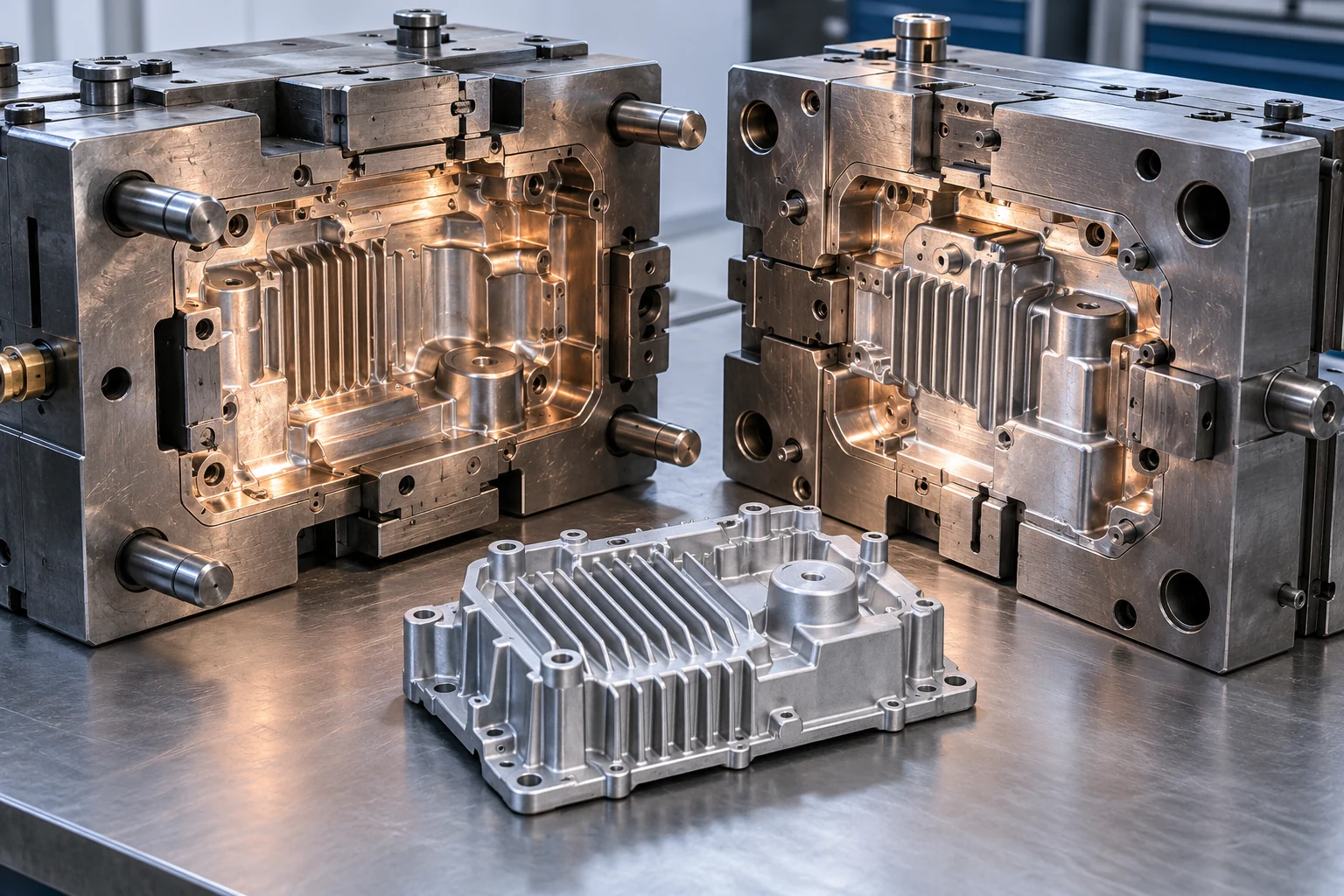 Hot-work die-casting tool and aluminium housing concept (AI-generated illustration)