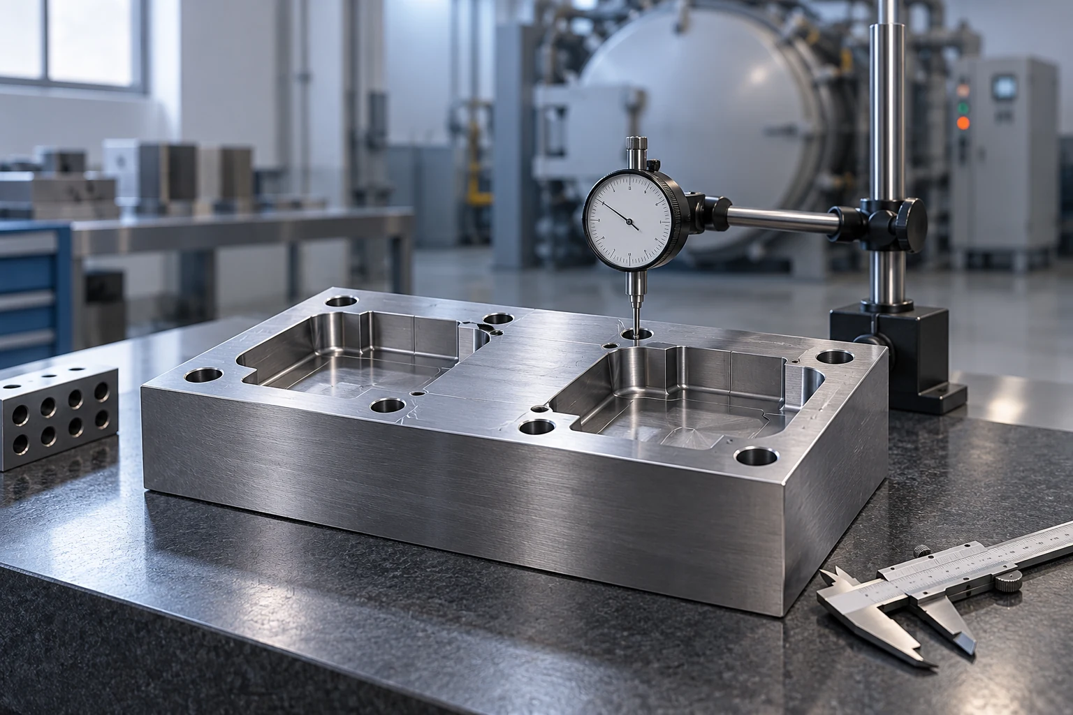 Rough-machined tool-steel block and dimensional inspection tools (AI-generated illustration)