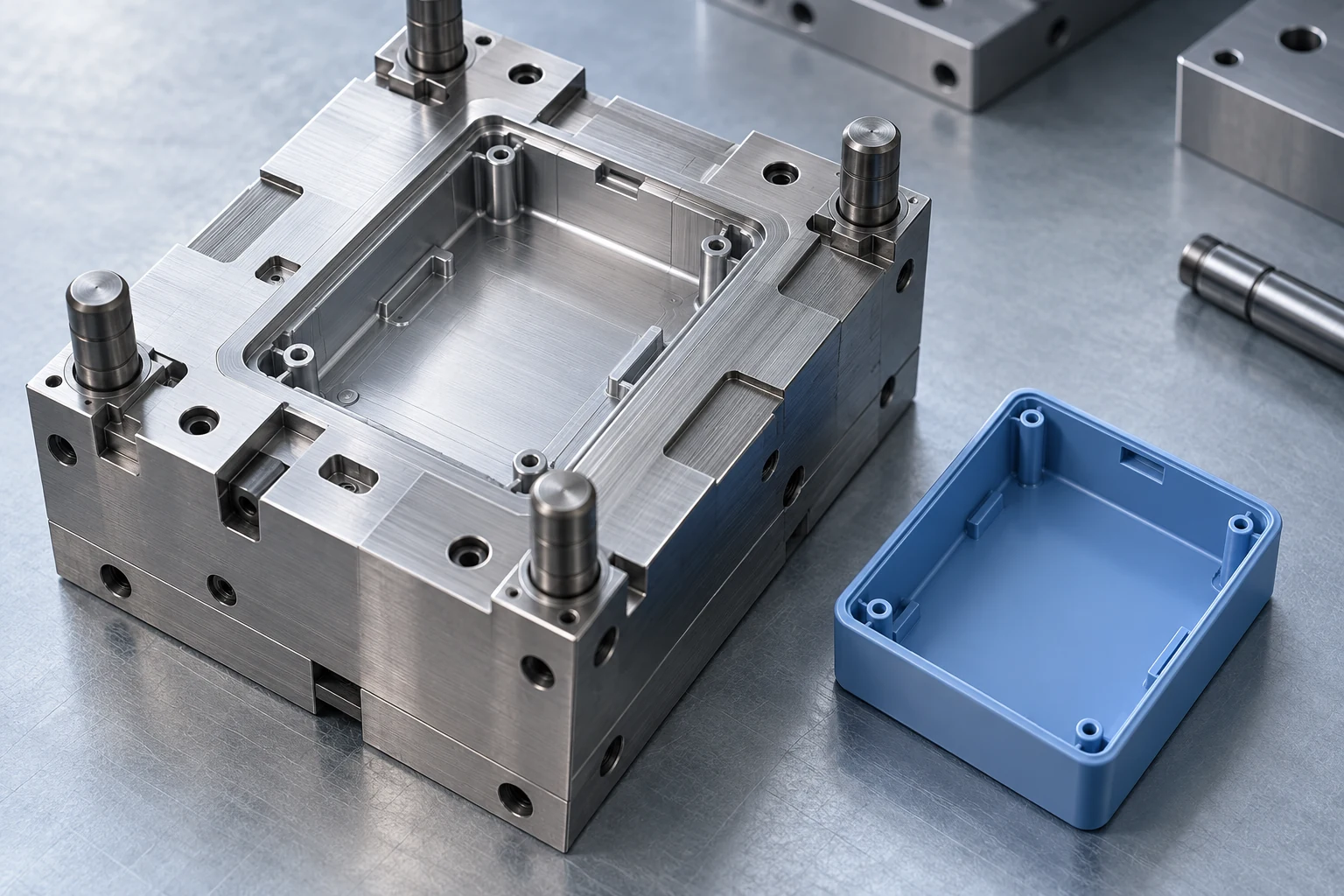 Prehardened steel mould cavity and blue plastic enclosure (AI-generated illustration)