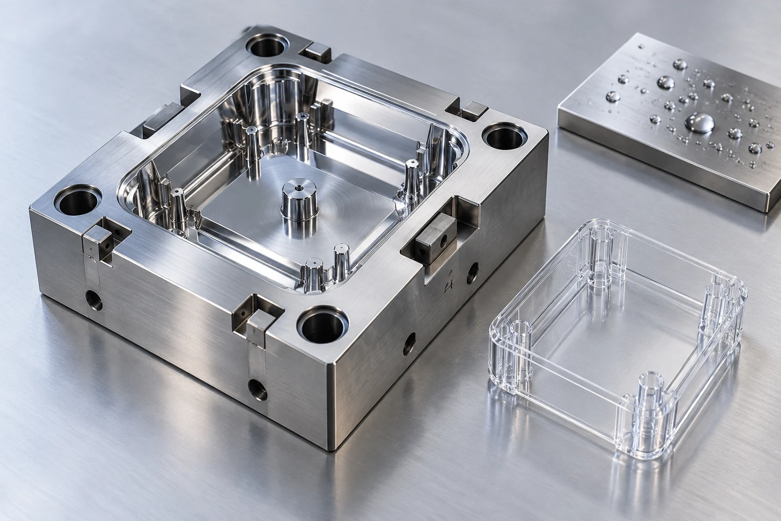 Polished corrosion-resistant mould insert and clear plastic enclosure
